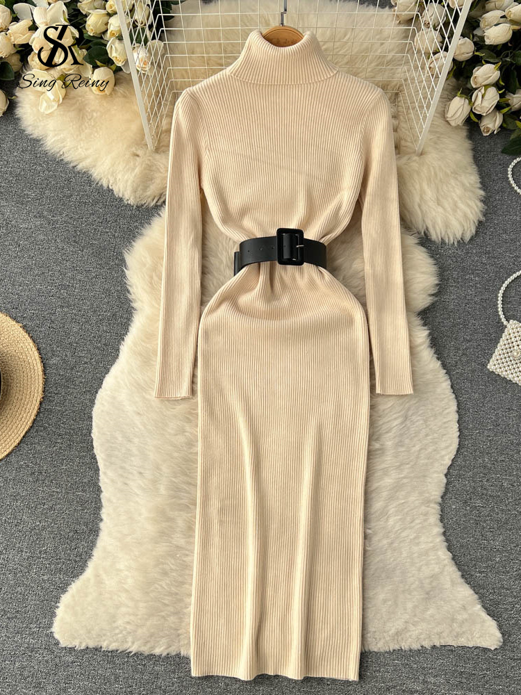 SINGREINY Women Turtleneck Winter Knitted Dress Women Elastic Waist Fashion Sashes Sheath 2022 Solid Party Sweater Long Dress alx