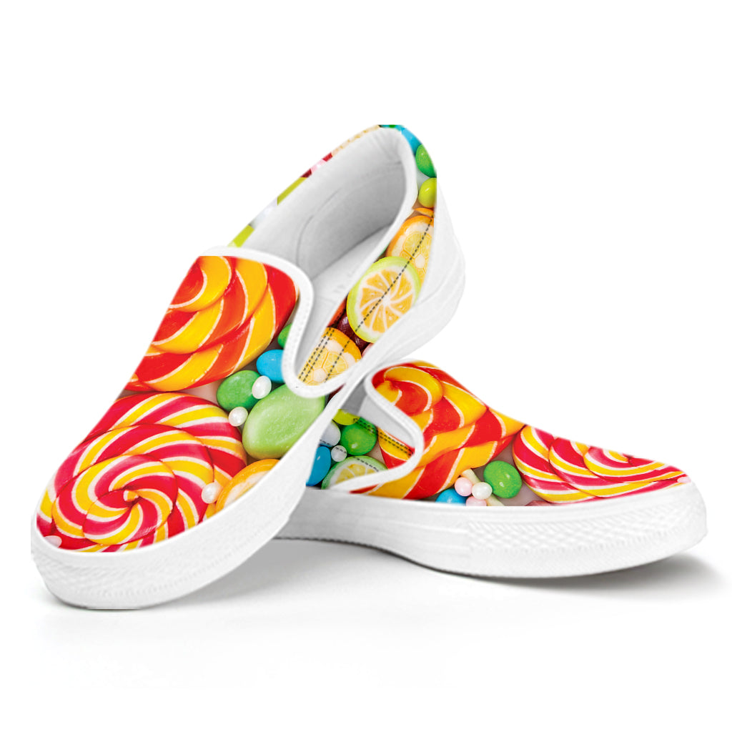 Colorful Lollipop And Candy Print White Slip On Shoes