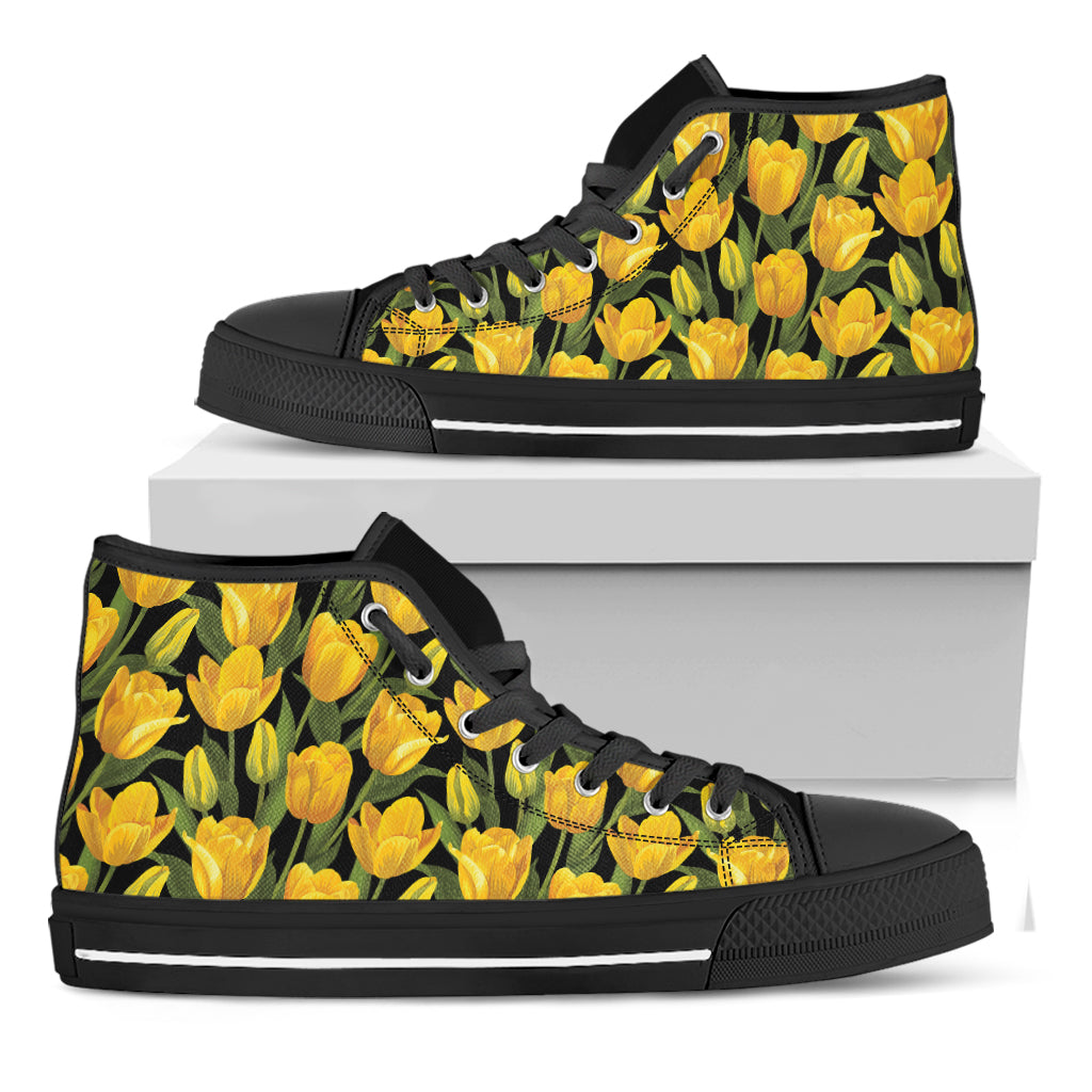 Yellow Tulip Pattern Print Black High Top Shoes