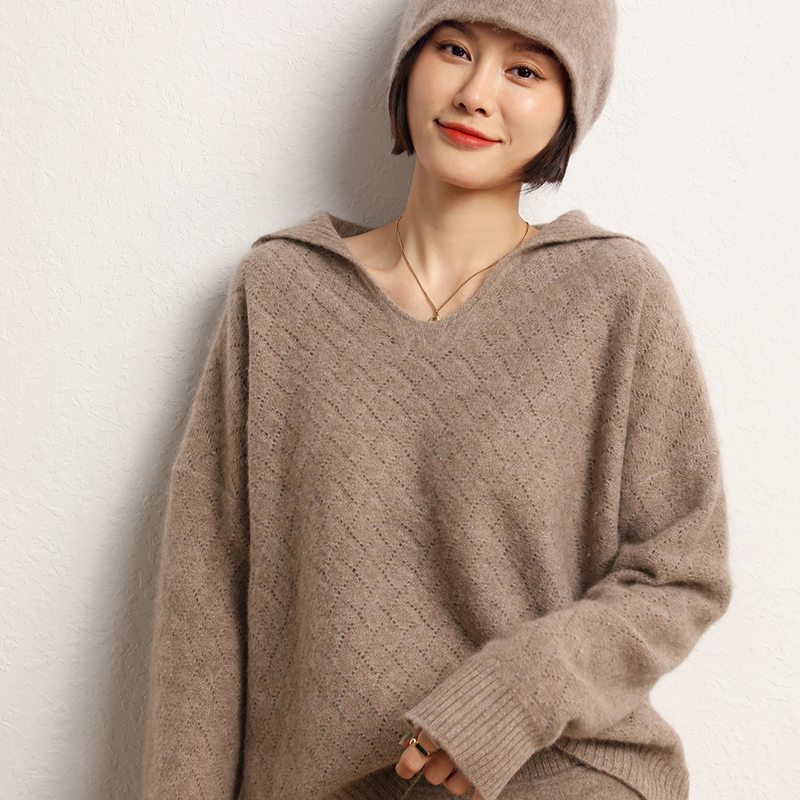 2022 Autumn Winter 100% Pure Cashmere Sweater Turn-down Collar Hollow Out Women’s High Quality Soft Female Loose Knit Pullover alx