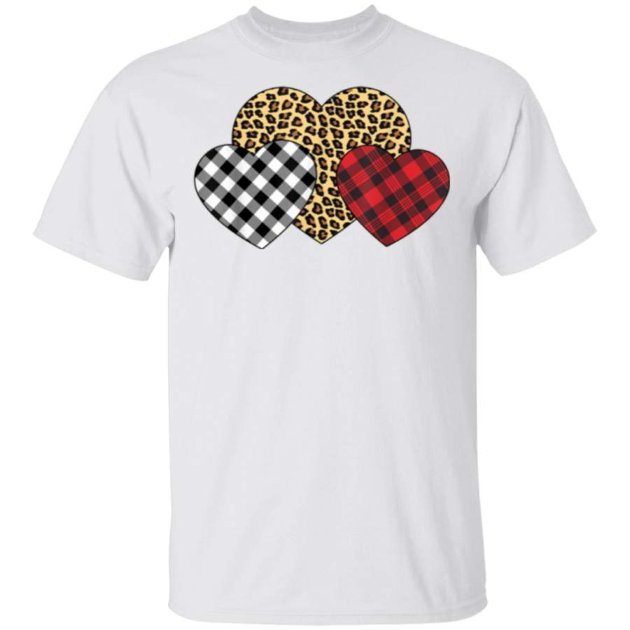 Three Hearts Leopard Buffalo Plaid Valentine’s day Girl Kid T-Shirt