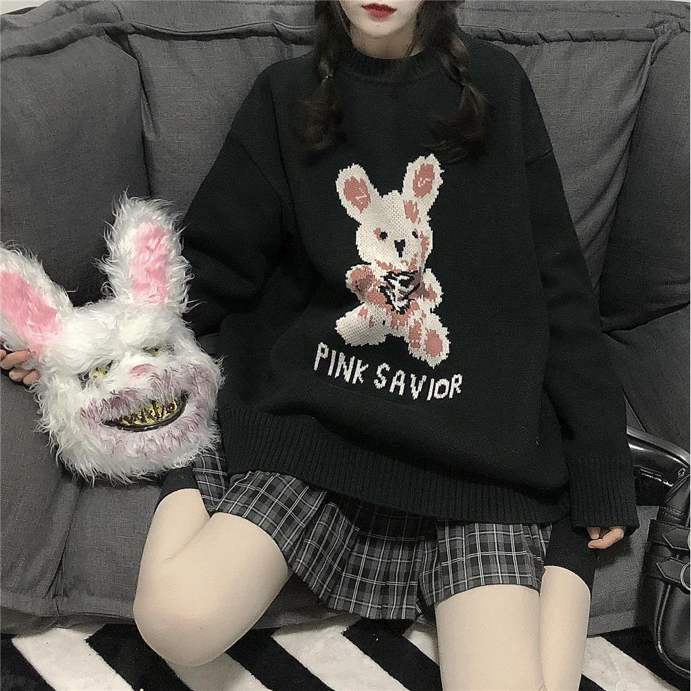 Woherb Harajuku Fashion Cute Cartoon Rabbit Knitted Women Sweater Loose Pullover Sweaters Jumper Pull Female Sweater Streetwear alx