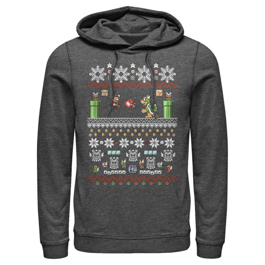 Nintendo Men’s Ugly Christmas Mario and Bowser  Lightweight Hoodie