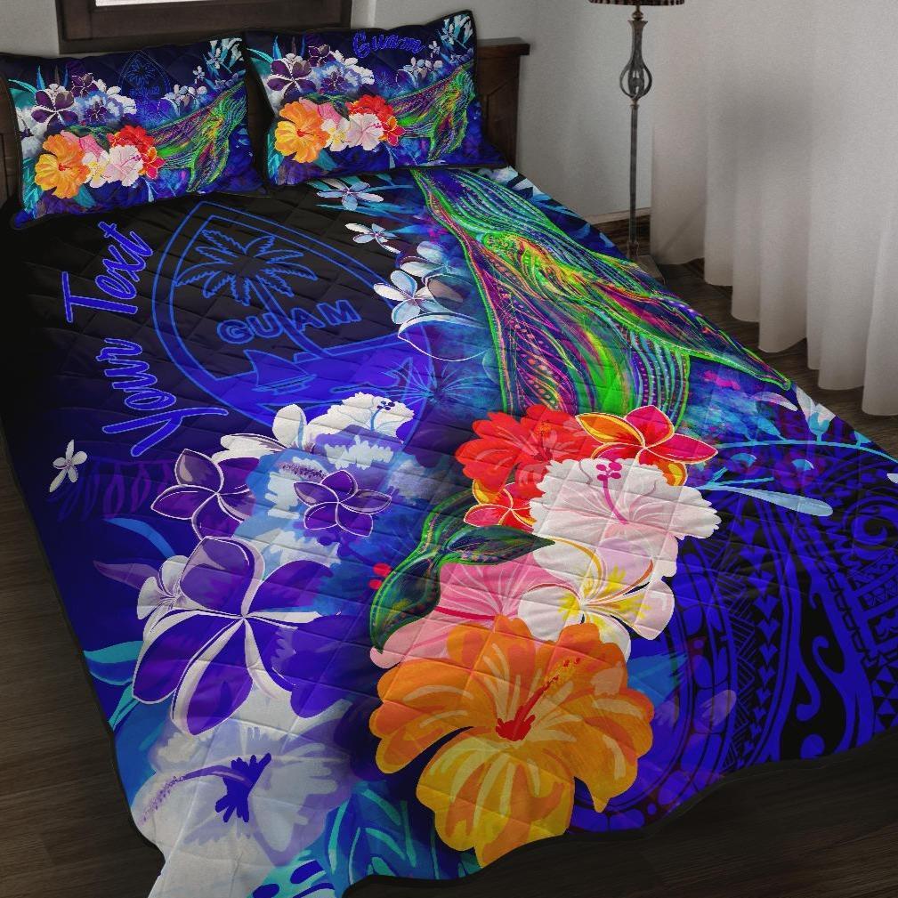 Guam Custom Personalised Quilt Bed Set- Humpback Whale With Tropical Flowers (Blue)