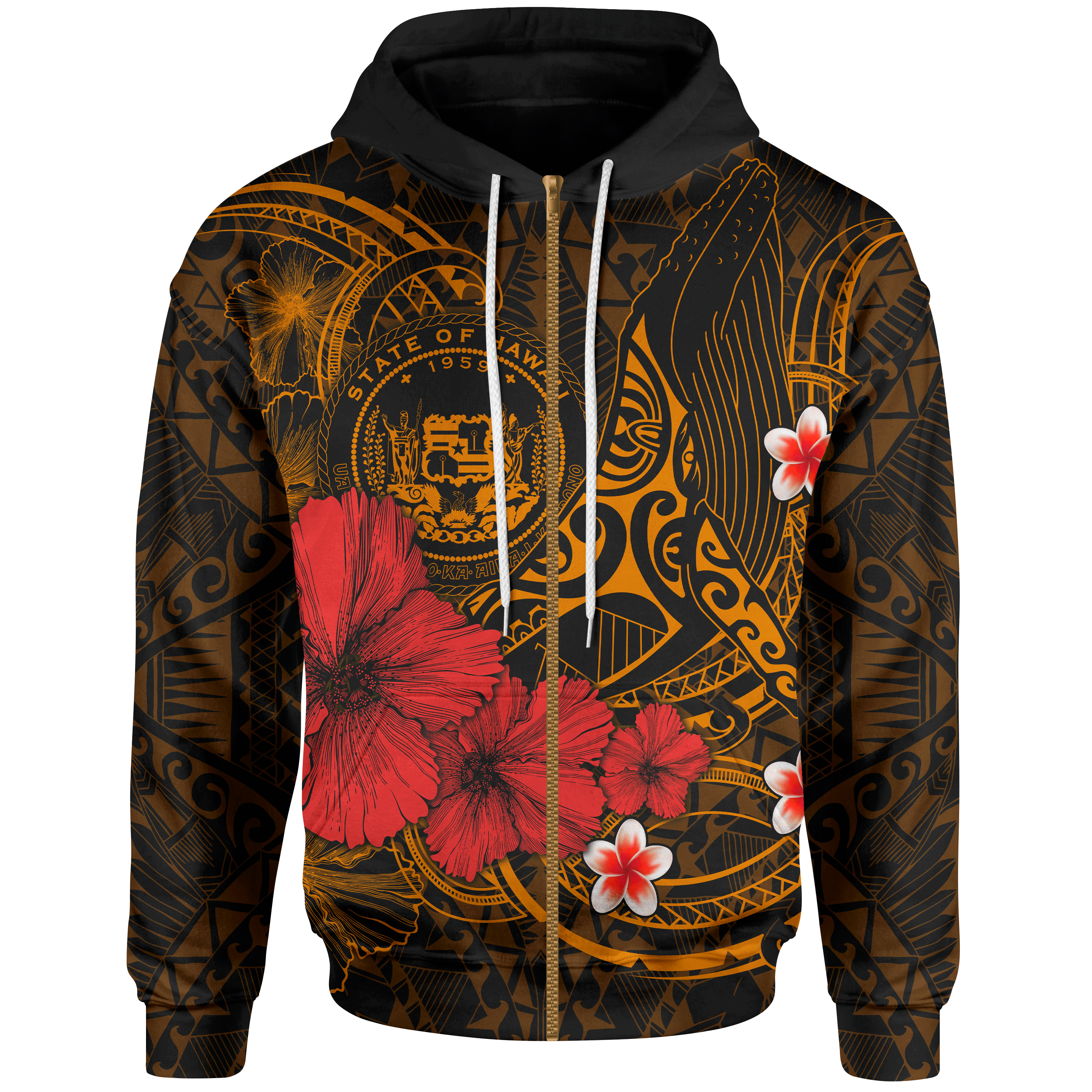 Polynesian Hawaii Zip-Up Hoodie – Humpback Whale With Hibiscus (Golden)