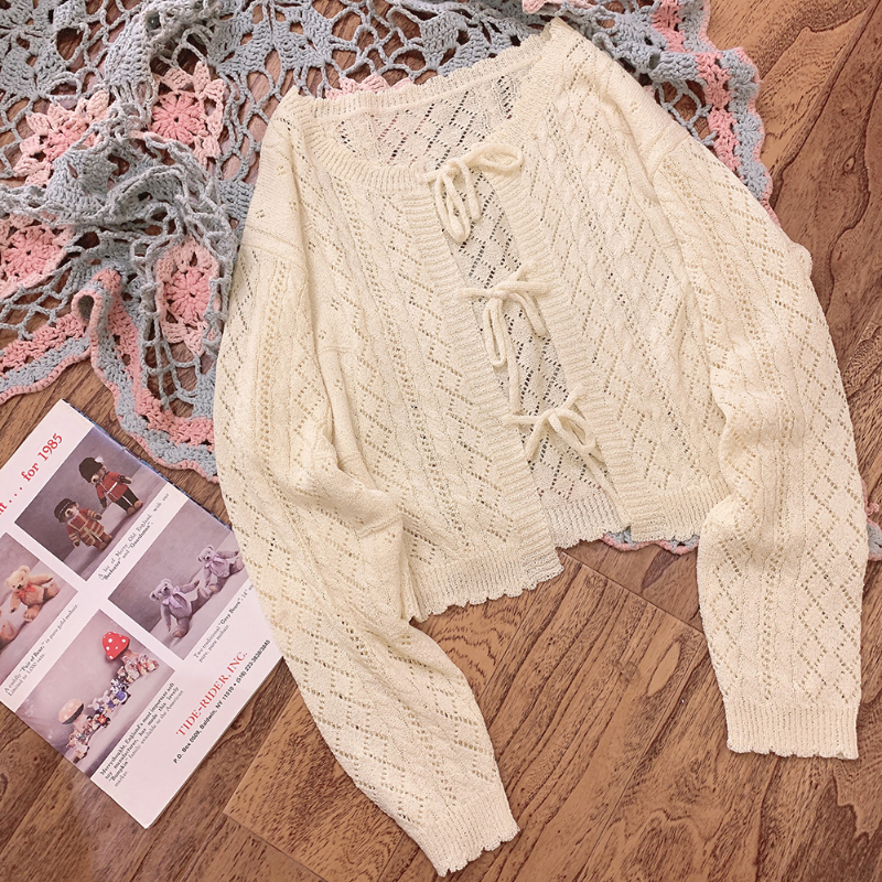 Spring Autumn Sweet Lolita Knitted Cardigan Women Retro Chic Hollowed Out Lace Up Sweater Coat Girls Harajuku Thin Knitwear Tops alx