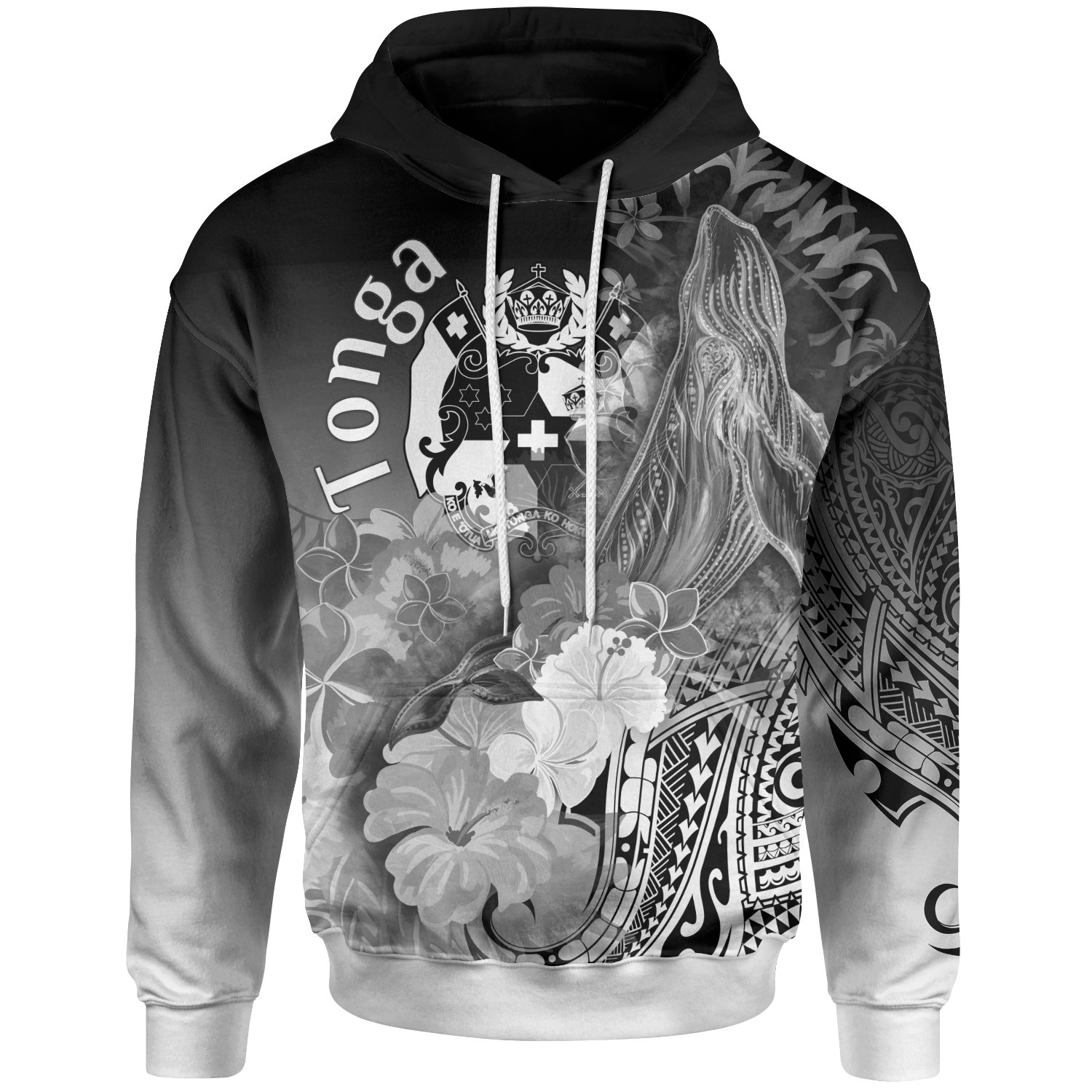 Tonga Hoodie – Humpback Whale with Tropical Flowers (White)- BN18