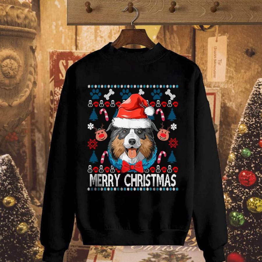 Australian shepherd antlers christmas xmas santa hat candy can reindeer merry christmas black sweatshirt for men and women S-5XL