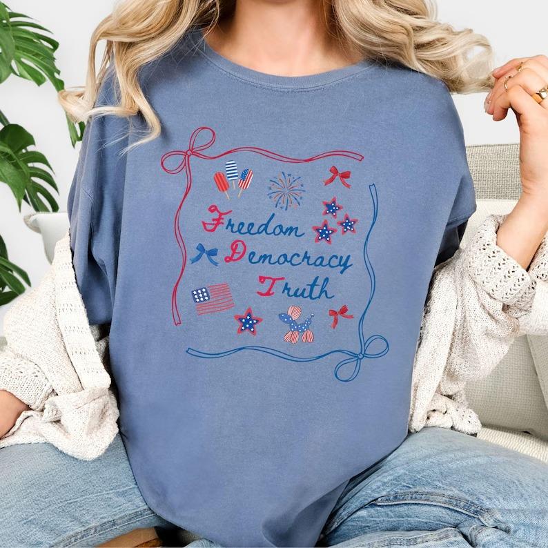 Comfort Colors Freedom Democracy Truth Shirt, Patriotic Subtle FDT Shirt, Coquette Bow Patriotic, Independence Day Tee, 4th of July FDT Shirt