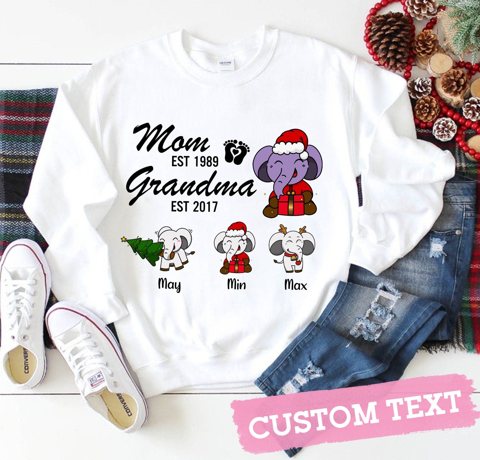 Personalized T-Shirt & Sweatshirt For Grandma Cute Elephants Printed Custom Name & Year