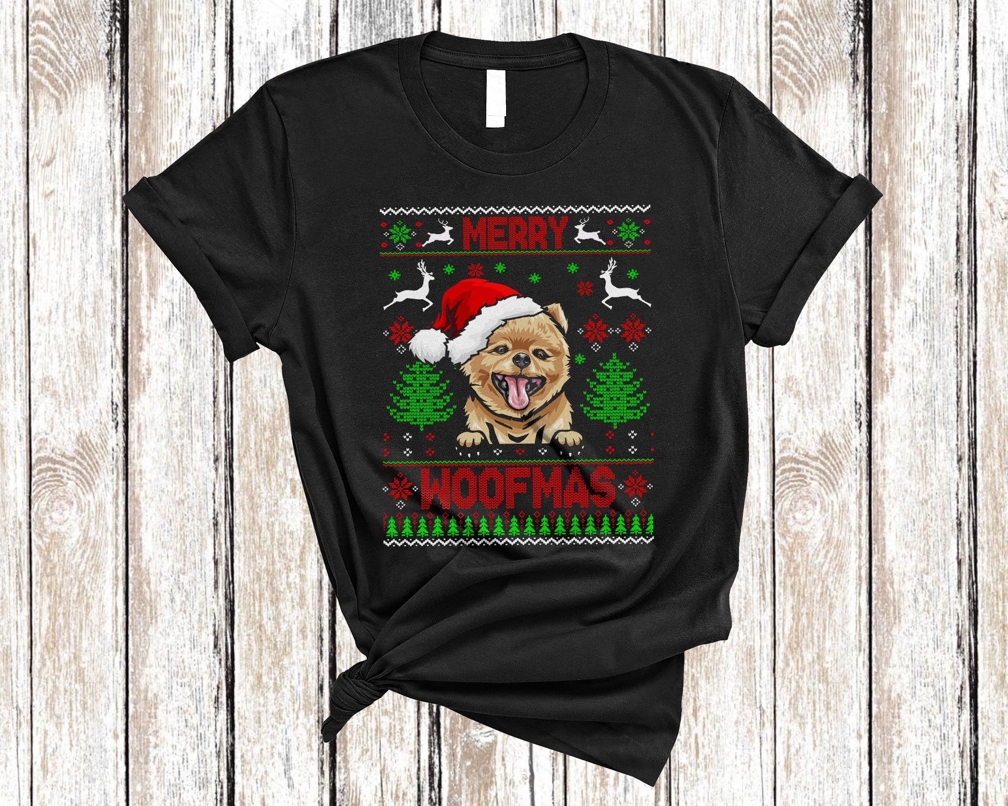 Christmas Dog Shirt Merry Woofmas Funny Ugly Christmas Santa Pomeranian Dog Sweater Gifts T-Shirt