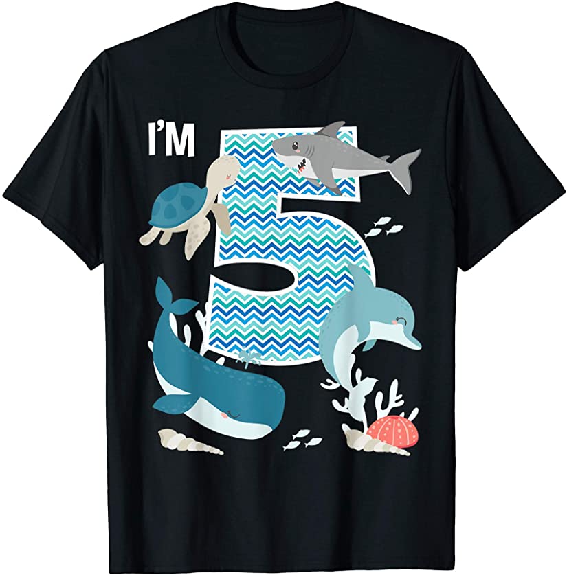 Kids 5 Year Old Ocean Life Whale Dolphin Shark 5th Birthday T-Shirt