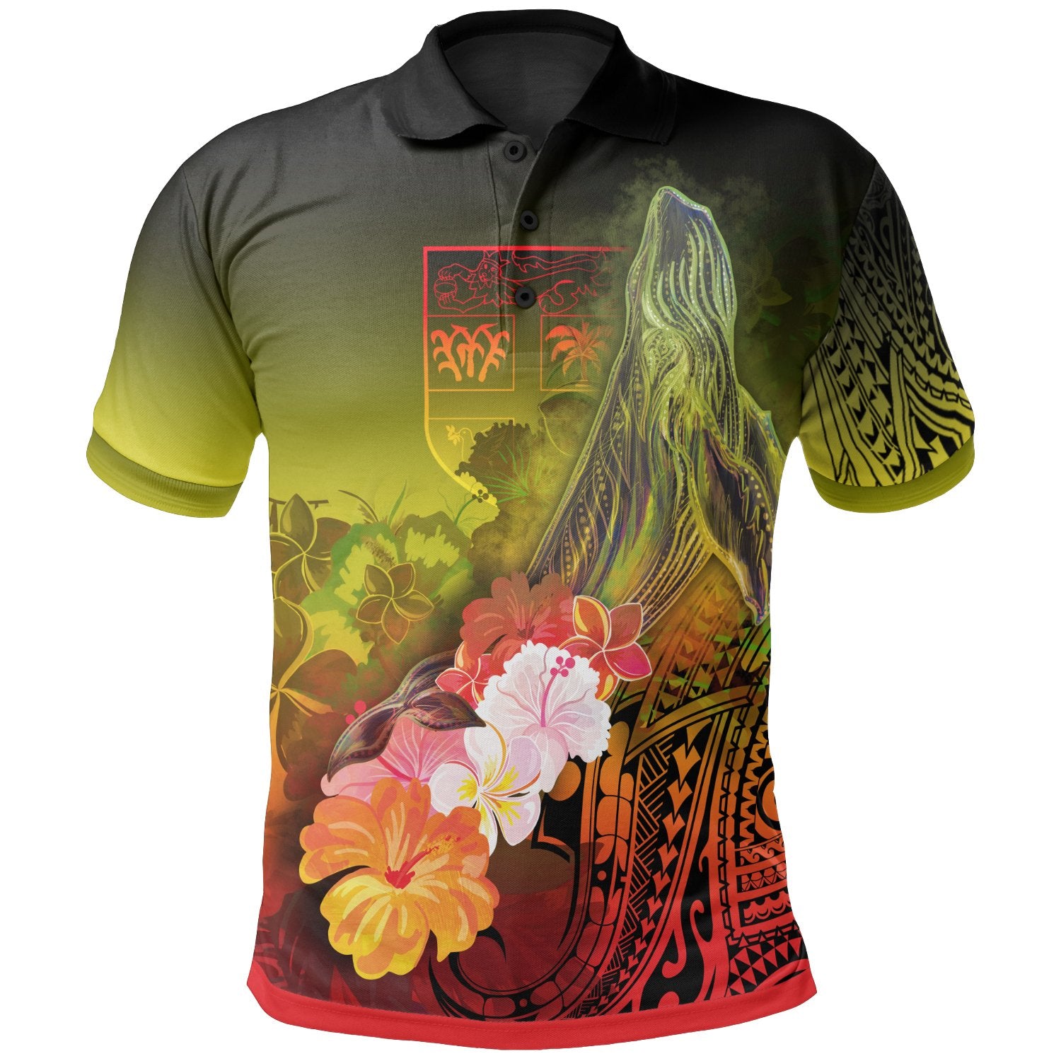 Fiji Polo Shirts – Humpback Whale With Tropical Flowers (Yellow)