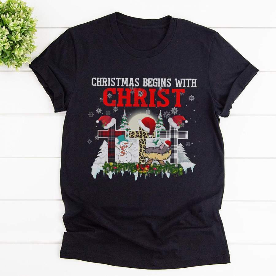 Snowman and baby christmas begins with christ leopard & plaid cross jesus follower black cotton t shirt for men and women S-6XL