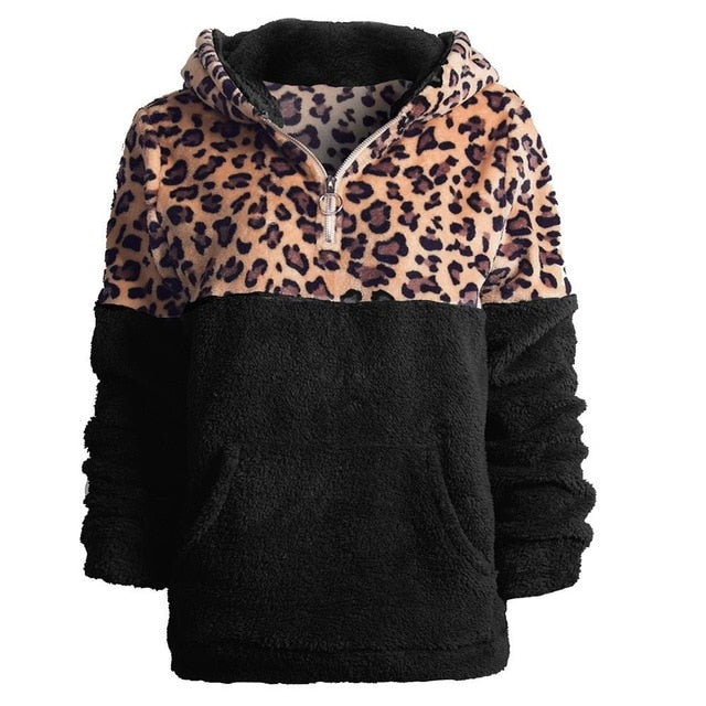 Leopard Printed Zippers Fur Sweatshirts Hoodies