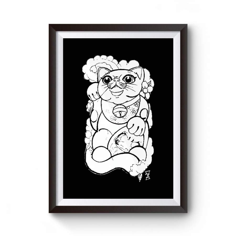 Maneki Neko Japanese Tattoo Daruma Lucky Cat Kitten Doll Poster