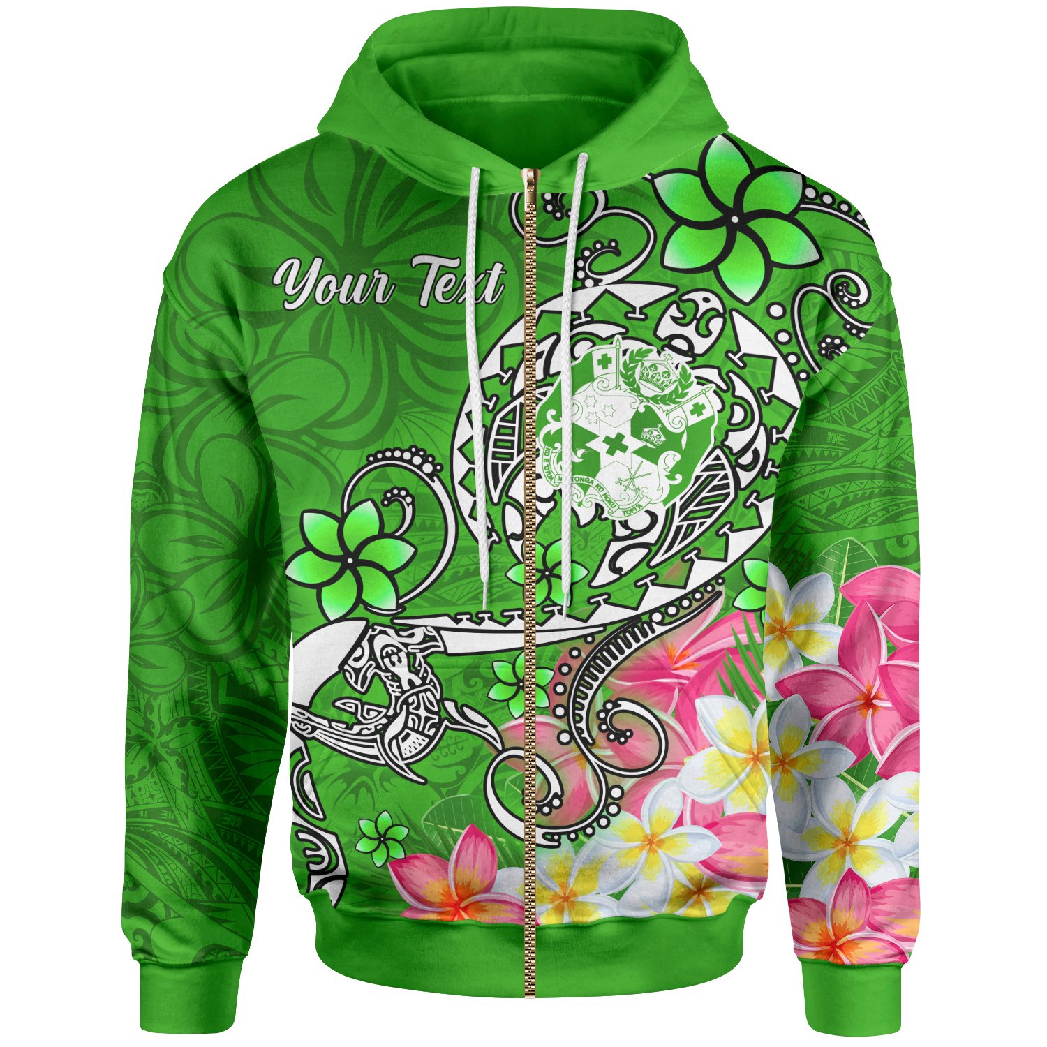 Tonga Custom Personalised Zip-Up Hoodie – Turtle Plumeria (GREEN) – BN18