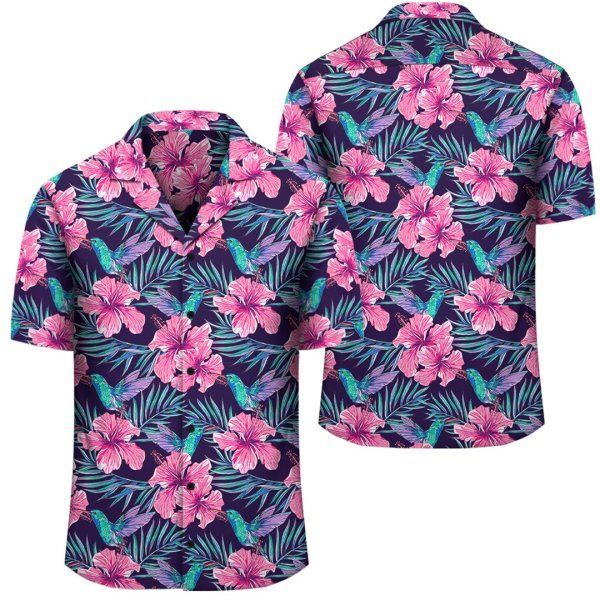 Tropical Flowers With Hummingbirds Palm Leaves Hawaiian Shirt