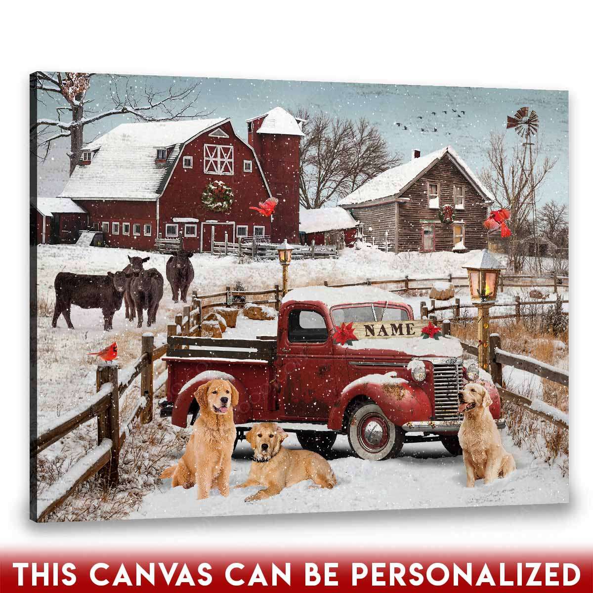 Personalized Name Christmas Canvas Pickup Truck Dogs Farm Animals Wall Art Home Decoration