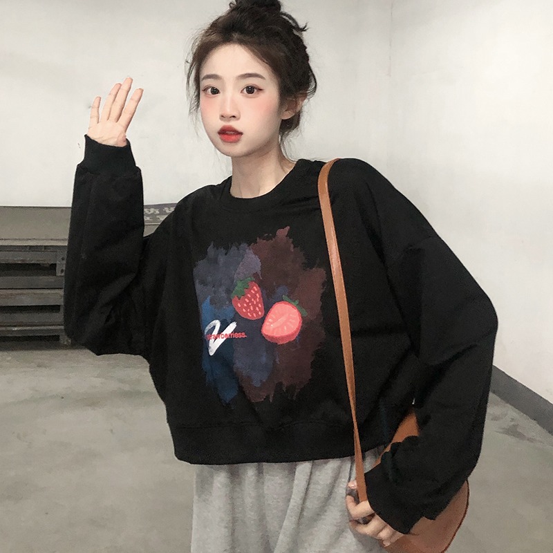 Sweatshirts Women Lovely Autumn Strawberry-print Harajuku Clothes Retro Classic Street Style All-match Ladies Mujer Fashion Chic alx