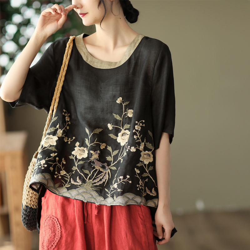 2022 Summer New Arts Style Women Short Sleeve Loose Tee Shirt Femme Tops Vintage Embroidery Flower Cotton Linen T-shirt C191 alx