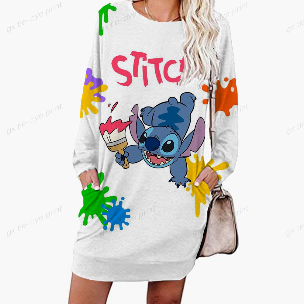 Women Hoodie Dress 2022 Spring Autumn Disney Stitch 3D Print Long Sleeve Hoodie Street Fashion Hooded Sweater Tops Women Y2K alx