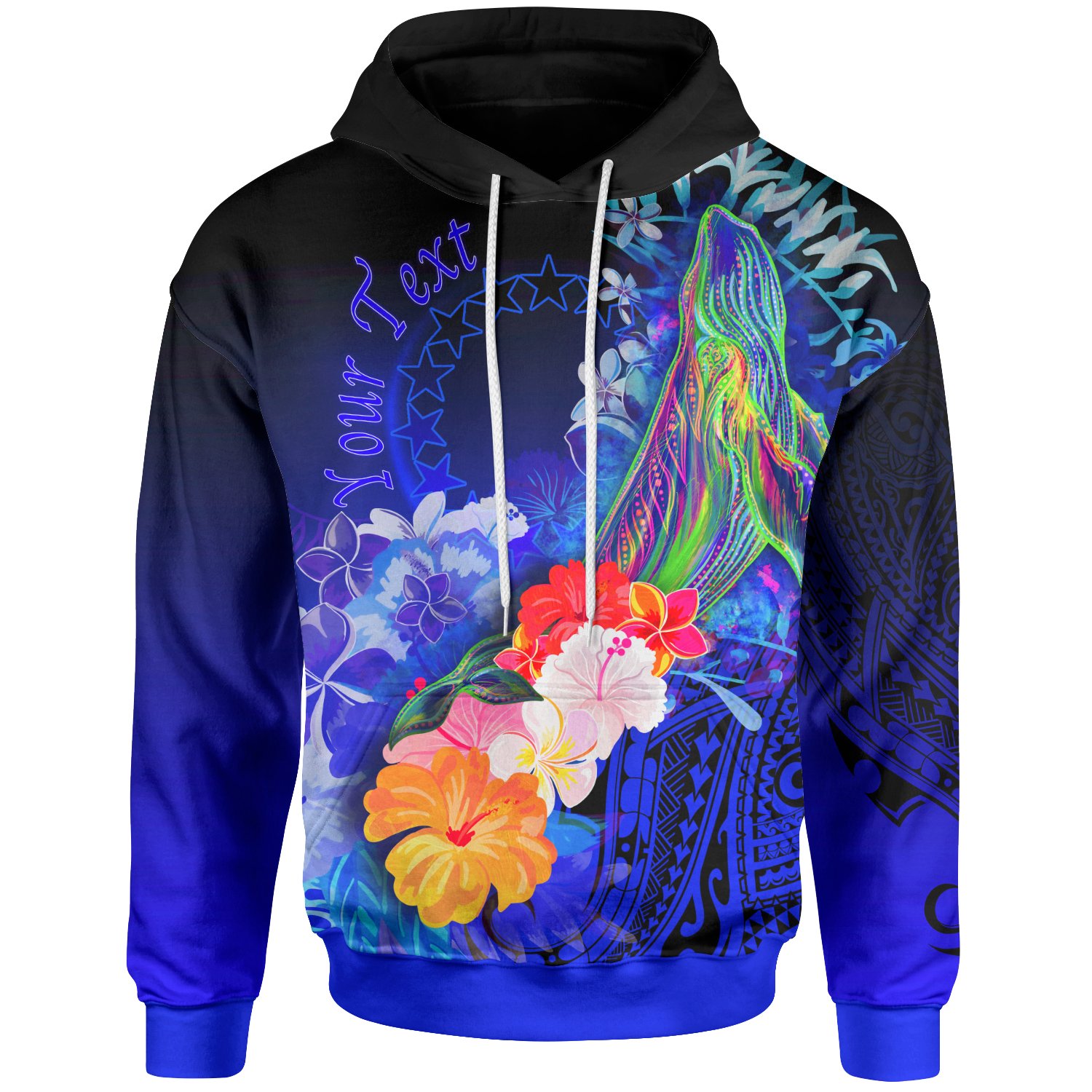 Cook Islands Custom Personalised Hoodie – Humpback Whale with Tropical Flowers (Blue)- BN18