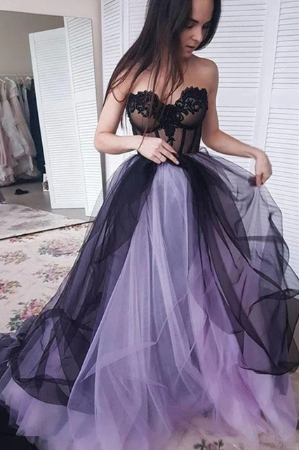 Black Tulle Prom Dresses Strapless Sweetheart Neck Laces Illusion A-line Sweep Train Simple Evening Dresses коктейльные платья alx