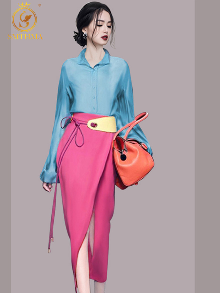 SMTHMA New Fashion Runway Summer Womens Blue Skirt Two Pieces Suits + High Waist Sexy Split Office Skirt Work Set alx