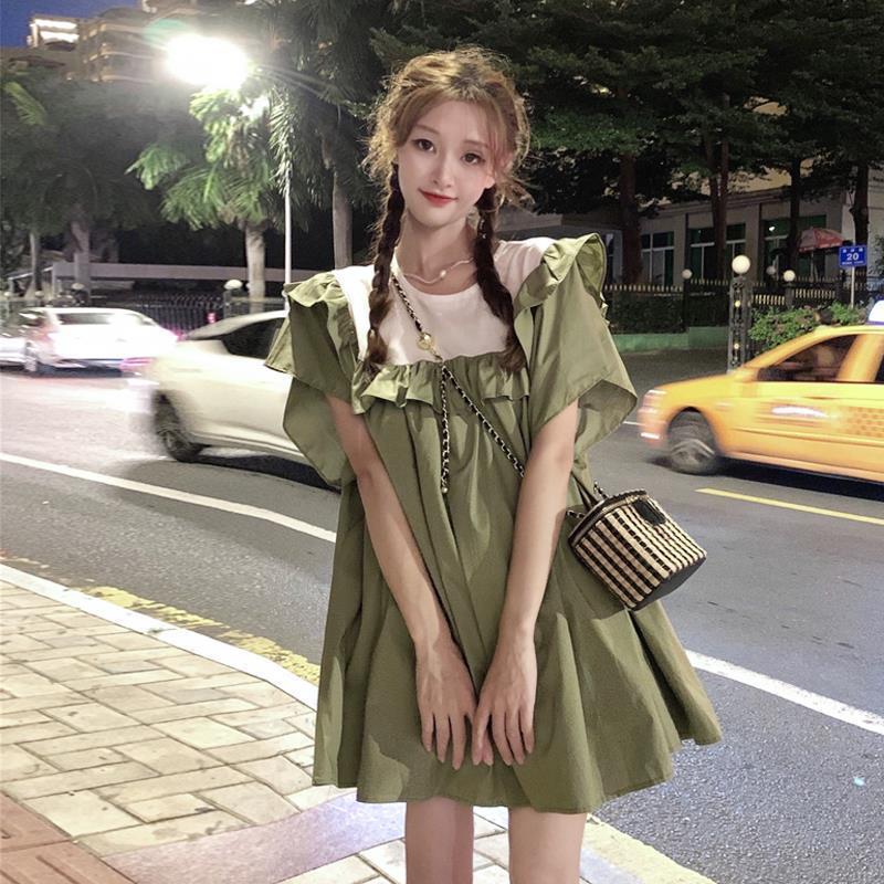 A-line Dresses Women Holiday Frienf Chic Short Sleeve Patchwork Student Baggy Leisure Summer All-match Korean Sweet Sundress New alx