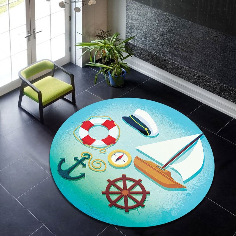 Sailor Carpet, Round Rug, Round Carpet, Sailor Patterned Rug, Room Decoration, Sailor Pattern Round Rug,Kids Room Rug