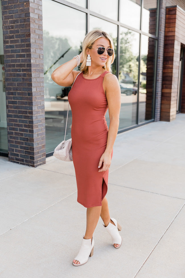 A Loving Endeavor Ribbed Midi Rust Tank Dress