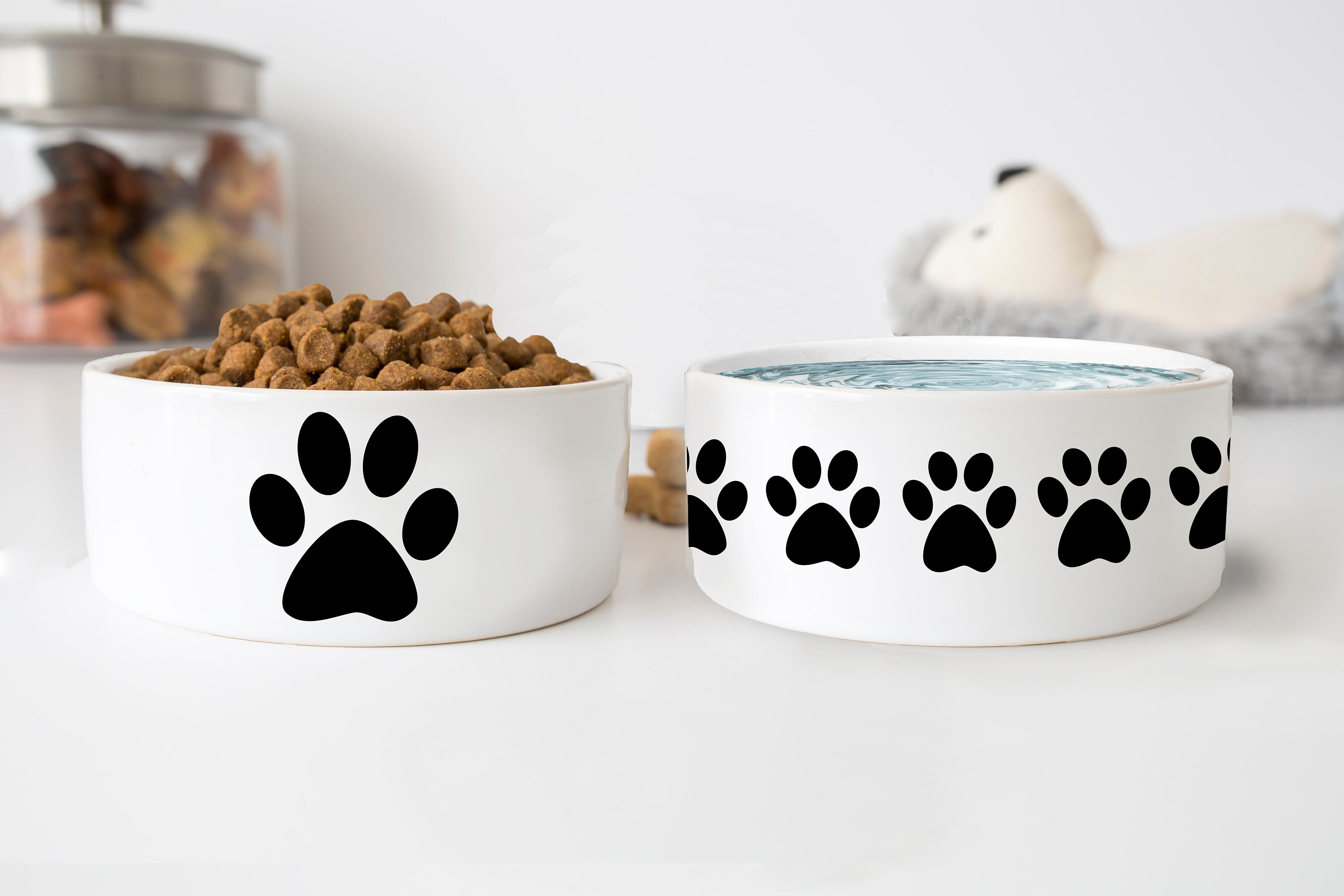 Paw Print Dog Bowls Dog Gift Pet Food Bowl No Spill Heavy Water Bowl Cat Bowls Personalized Dog Bowl Ceramic 6″ or 7″ White 1