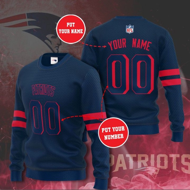 New England Patriots Custom Name Number Navy Red Gift For Fan Ugly Wool Sweater Christmas