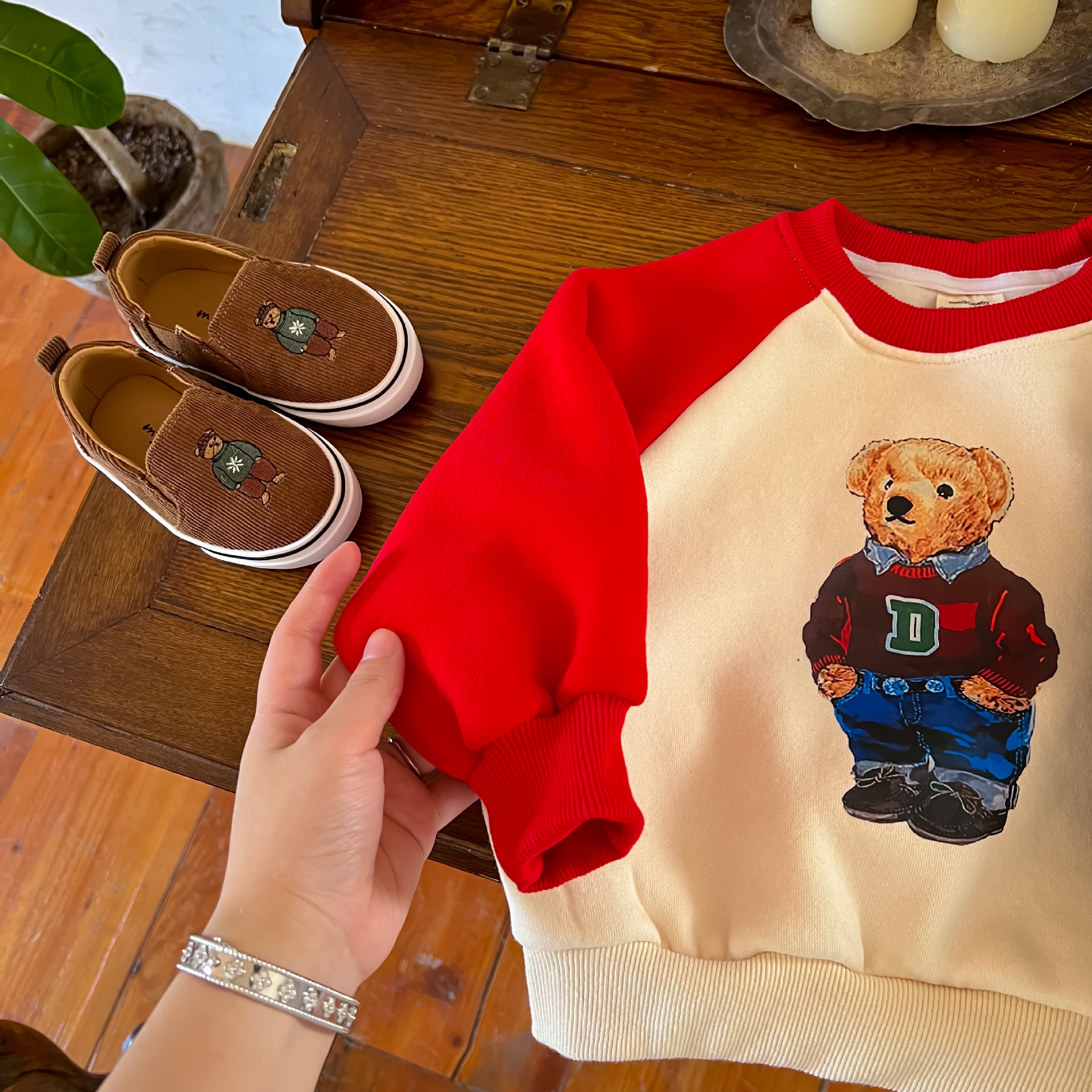 2022 New Winter Children Plus Velvet Thick Warm Sweatshirt Boys Girls Cute Bear Print Sweatshirts Kids Fleece Pullover Tops alx