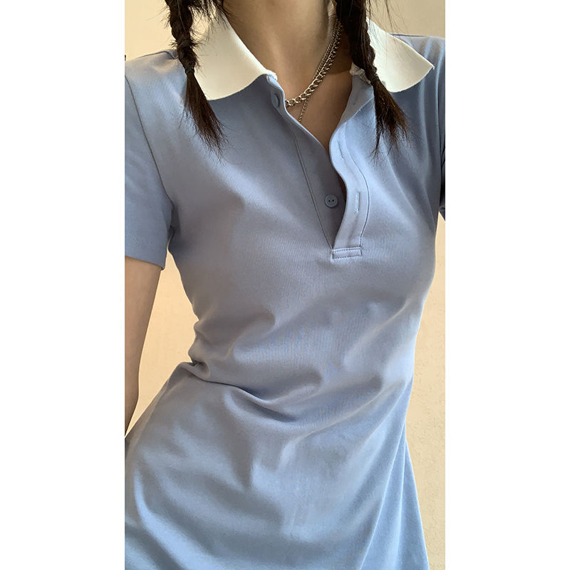 Women Dress Summer Tee-dress Turn Down Collar All-match Preppy Style Students Slender Sexy New Fashion Vintage Streetwear Simple alx