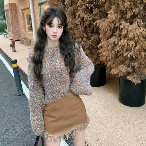 Sweet Outfit Suit Autumn and Winter Women’s Wool Ball Shoulder Slip Soft Sweater High Waist Chic Leather Skirt Two-piece Set alx