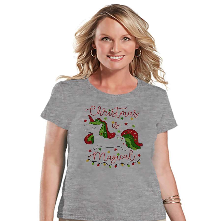 Women’s Unicorn Shirt – Christmas is Magical – Merry Christmas Unicorn T-shirt – Womens Grey T-shirt – Xmas Unicorn – Gift for Her – Lights