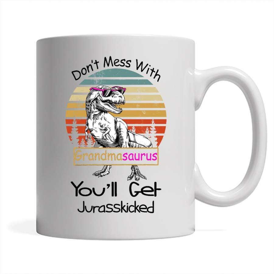 Don’t Mess With Grandmasaurus You’ll Get Jurasskicked, Vintage Dinosaur – Full-Wrap Coffee White Mug