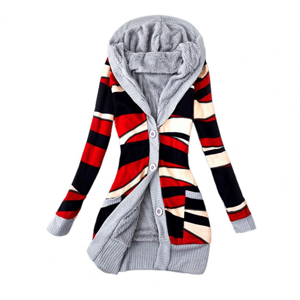 Striped Print Long Sleeve Sweater Coat Autumn Winter Buttons Closure Hooded Plush Lining Sweater Cardigan Outerwear alx