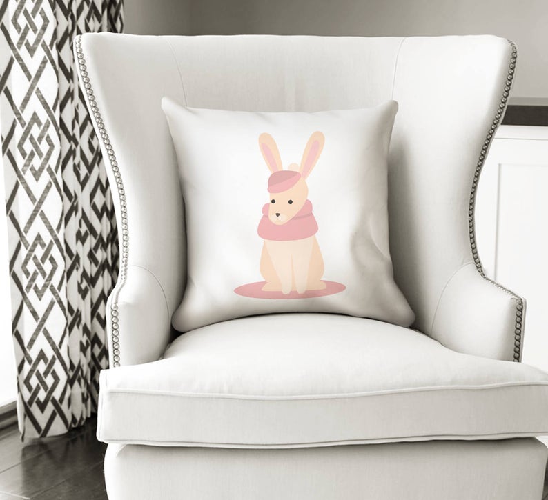 Rabbit With Scarf Throw Pillow, Bedroom Decor, Outdoor Pillows, Living Room Decor, Sofa Bed Throw Pillow, Decorative Pillow, Home Office Throw Pillows