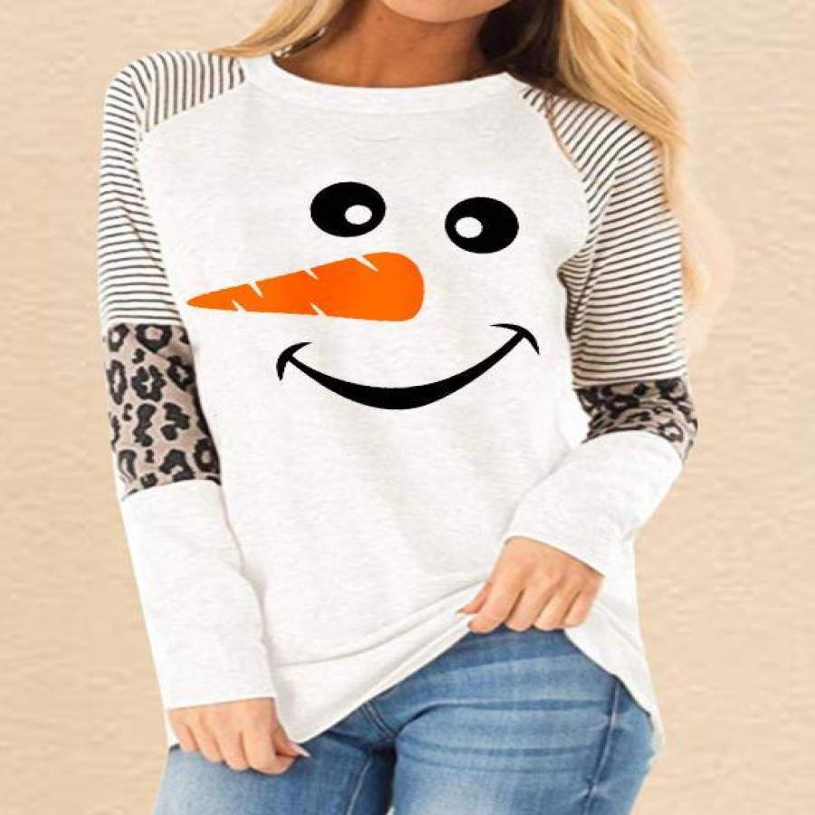 Snowman Smiley Face Women’s Christmas Sweatshirt With Leopard Stitching Casual