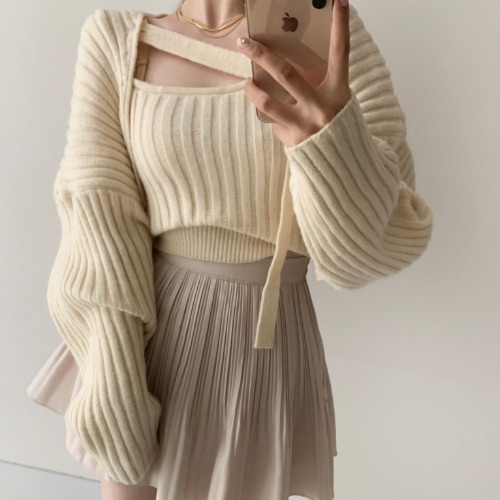 Autumn Harajuku Knitted Sweater Sets Women Korean Fashion Puff Sleeve Loose Cardigans+Sexy Square Collar Crop Top Two Piece Sets alx