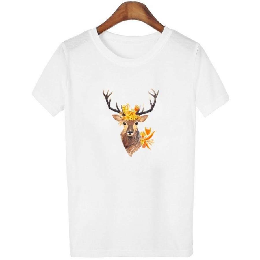 2017 Summer Fashion Creative Deer Printing T-Shirt Women’S Fashion Novelty T-Shirt Summer Trendy Short-Sleeved T-Shirt