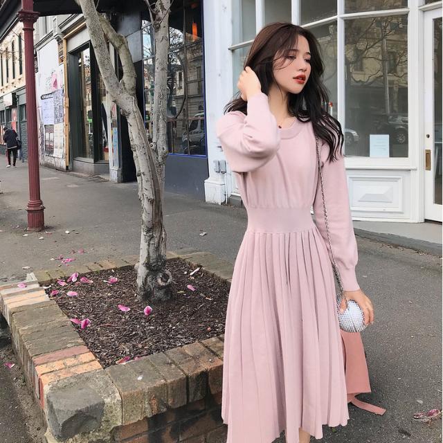 Vintage French Style Dress Women Elegant Slim Lantern Sleeve Draped Knitted Dress Female One Piece Dress Korean New Autumn 2021 alx