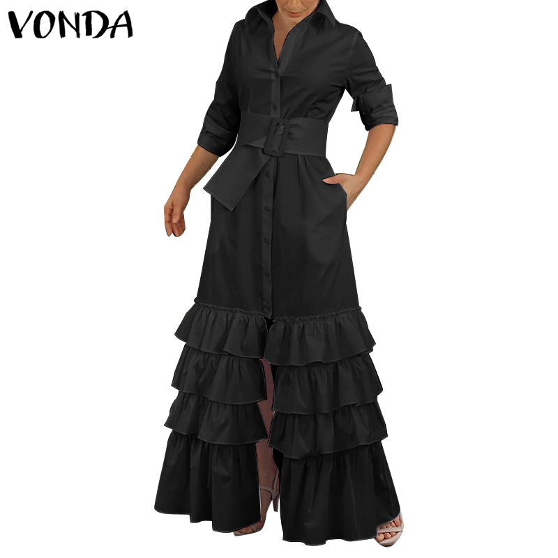 VONDA Autumn Elegant Shirt Dress 2022 Women Party Maxi Dresses Ladies Long Sleeve Solid Lapel Button Belted Elegant Long Vestido alx