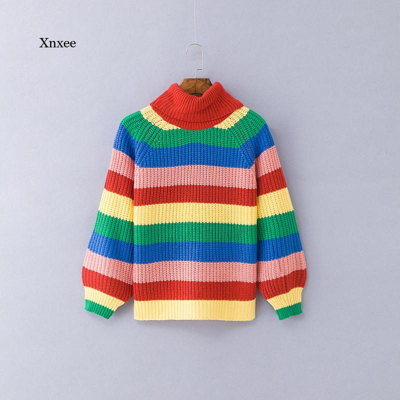 Winter Women’s Rainbow Turtleneck Sweater Pullover Sweater Fashion Striped Big Pullover alx