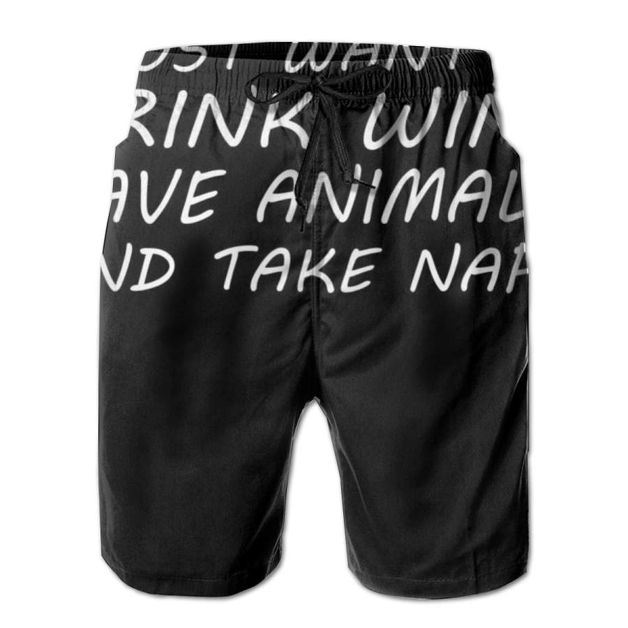 2 Pack I Just Want To Drink Wine Save Animals And Take Naps Horizontal Poster Men Swim Trunks Drawstring Elastic Waist Quick Dry Beach Shorts with Mesh Lining Swimwear Bathing Suits