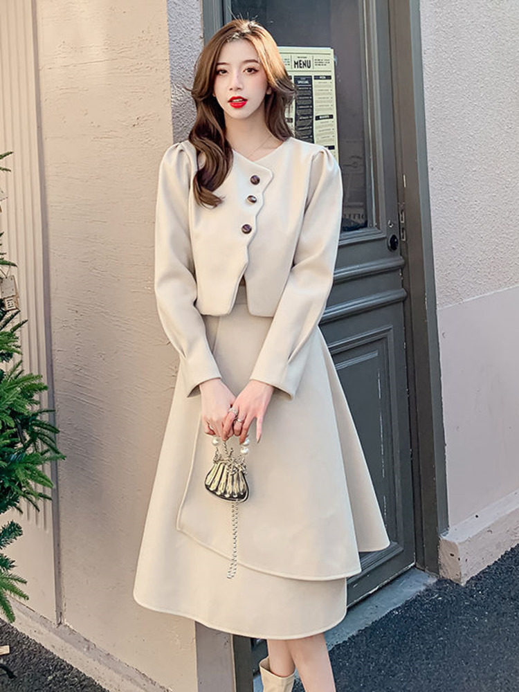 Autumn Winter Small Fragrance Two Piece Set Women Short Jacket Coat + Long Skirt Sets Korean OL 2 Piece Suits Ensemble Femme alx