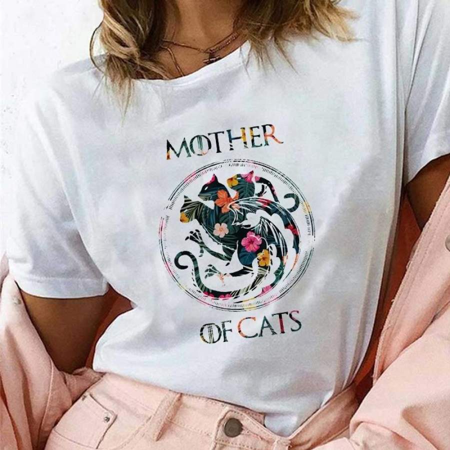 Mother Of Cats T Shirt For Women Print Flowers Dracarys Dragon T-Shirt Harajuku Graphic Tees Vogue Aesthetic Gothic Tops